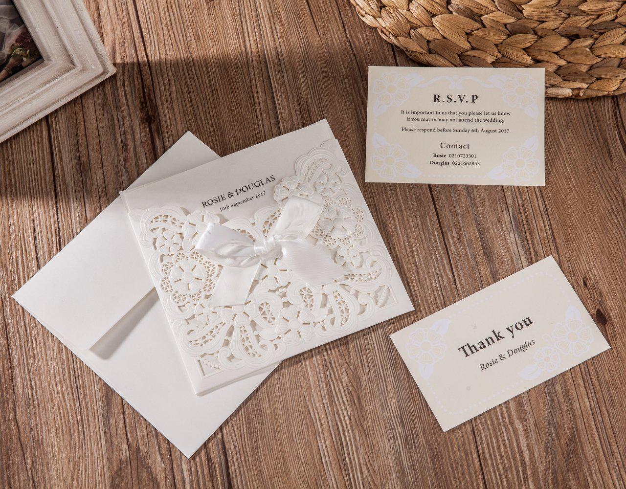

2021 Wishmade Laser Cut Wedding Invitations Kit with RSVP Cards and Thank You Card Bowknot Pearl Hollow Floral Customizable, Ivory