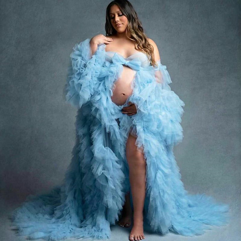 

Sky Blue Ruffles Maternity Dress Robes for Photo Shoot or baby shower Tulle Chic Women Prom Gowns Ruffles Long Sleeve Photography Robe Party Dresses, Black