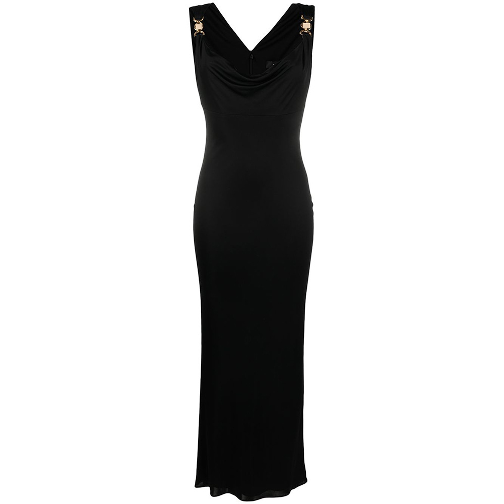 

New Sexy Women Runway Dresses V Neck Sleeveless Black Dress High Quality Women Gold Button Slim Long Bodycon Milan Party Evening Dreses