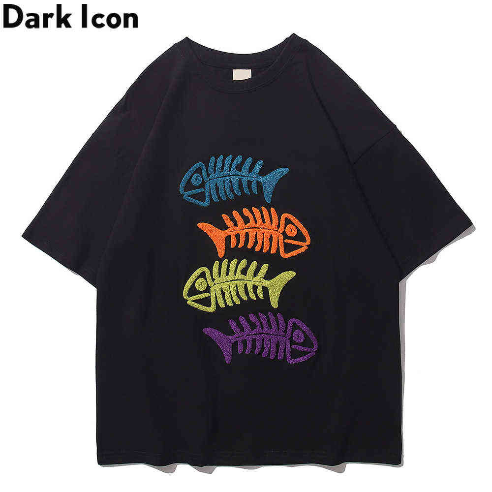 

Fish Embroidery Tshirt Men Summer Streetwear Men's T-shirt Short Sleeve Cotton Tee Shirts Black Blue Beige 210603
