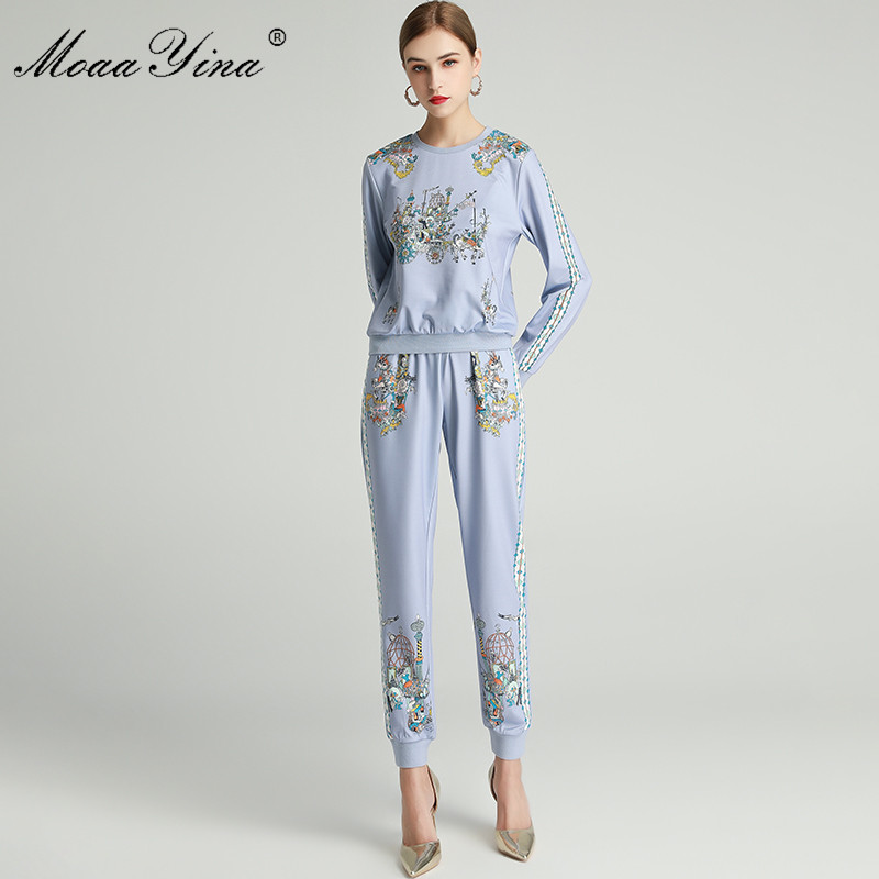 

Fashion Designer Set Spring Women's Long sleeve Crystal Pullover Tops+Circus Print trousers Keep warm Two-piece set 210524, Blue