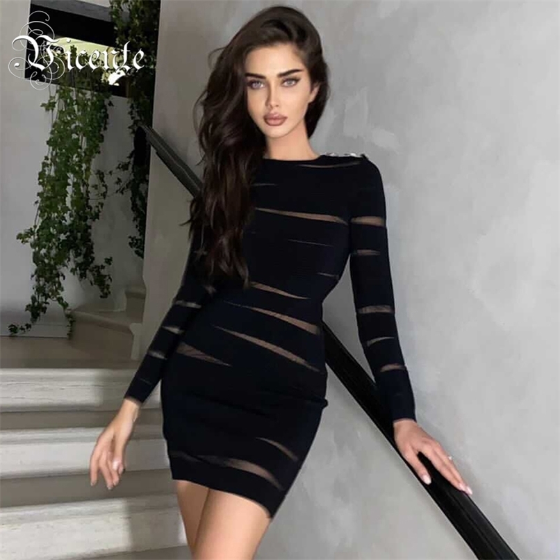 

Trendy Mesh Splicing Buttons Design Long Sleeves O Neck Celebrity Party Bandage Mini Dress 210520, Black
