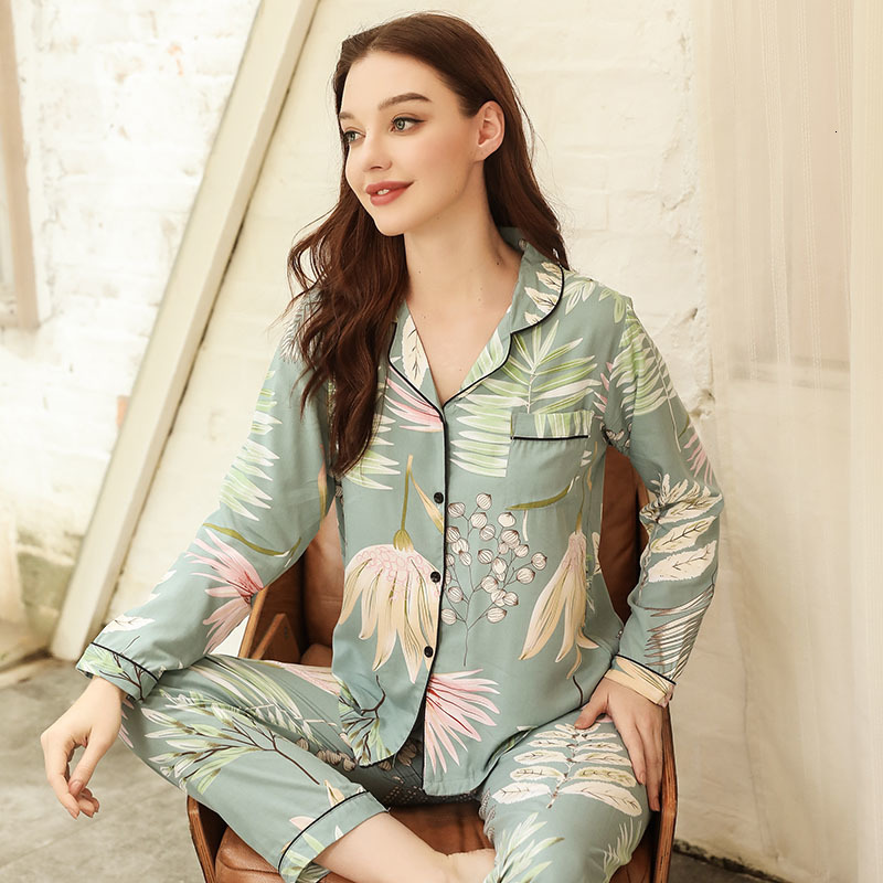 

Women's Sleepwear Spring And Autumn Ladies Banana Leaves Printed Turn-down Collar Women 2Pcs Full Sleeve Top+Pants Homewear Femme, Shown as picture