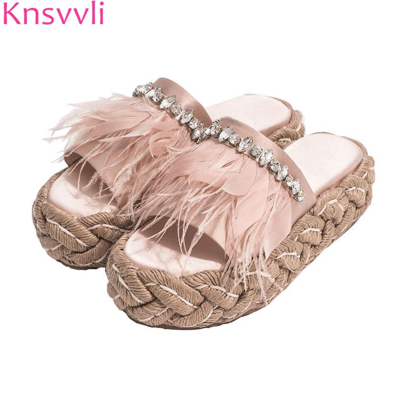 

Slippers 2021 Thick Sole Women Pink Satin Rhinestone Feather Female Straw Mules Summer Platform Shoes, Black