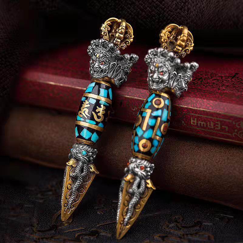 

Chains Original Retro Vajra Dzi Bead Pendant Six-character Mantra Turquoise Men's Fashionable Personality Jewelry, Silver