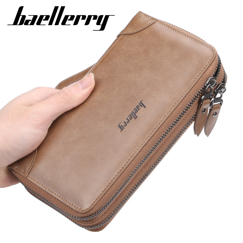 

Wholesale factory men leathers wallets business double zipper long wallet large capacity multi-card holder Joker clutch simple solid color leather storage purse, Brown(boutique box)