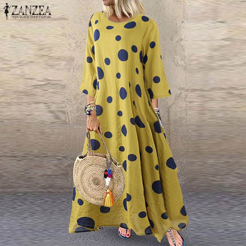 

ZANZEA Autumn 3/4 Sleeve Polka Dot Printed Long Dress Vintage Womens Cotton Linen Dresses Female Kaftan Vestido Femme Sundress, B navy