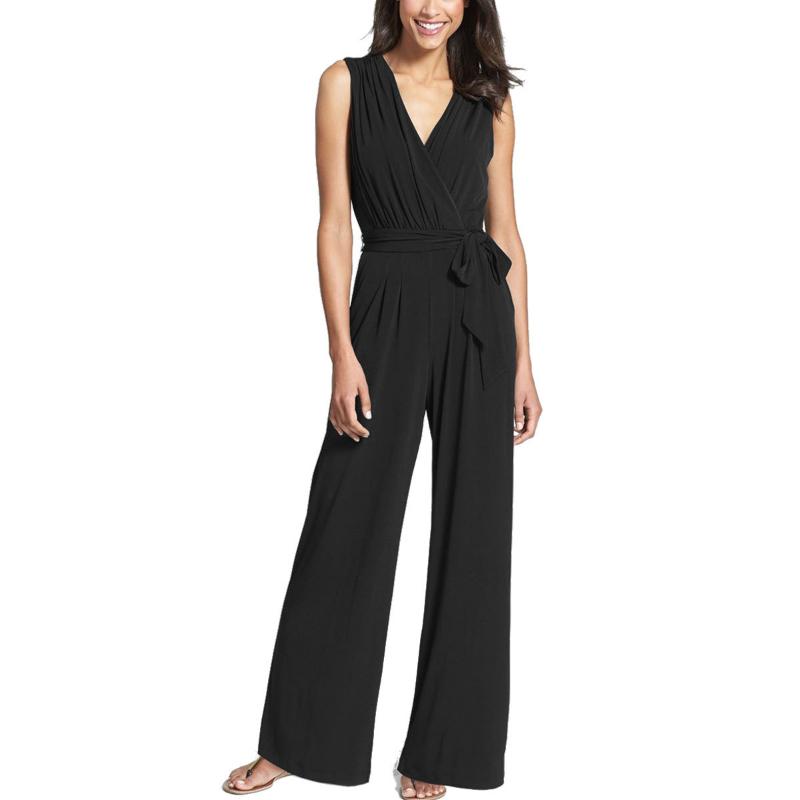 

Women' Jumpsuits & Rompers Women Jumpsuit Summer Sleevelss V Neck High Waist With Sashes Elegant Office Work Wear Classy Modest Overall Nav, Black