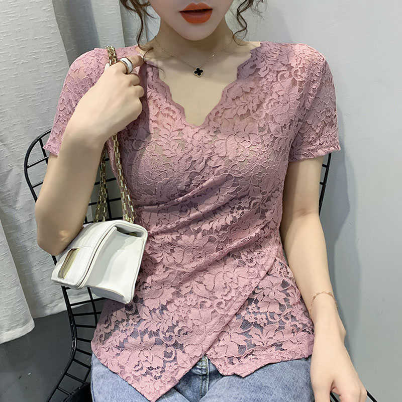 

Blusas Mujer De Moda V-neck Hollow Lace Chiffon Blouse Shirt Short Sleeve Blouse Women Summer Blouse Women Tops Shirts D63 210602, White