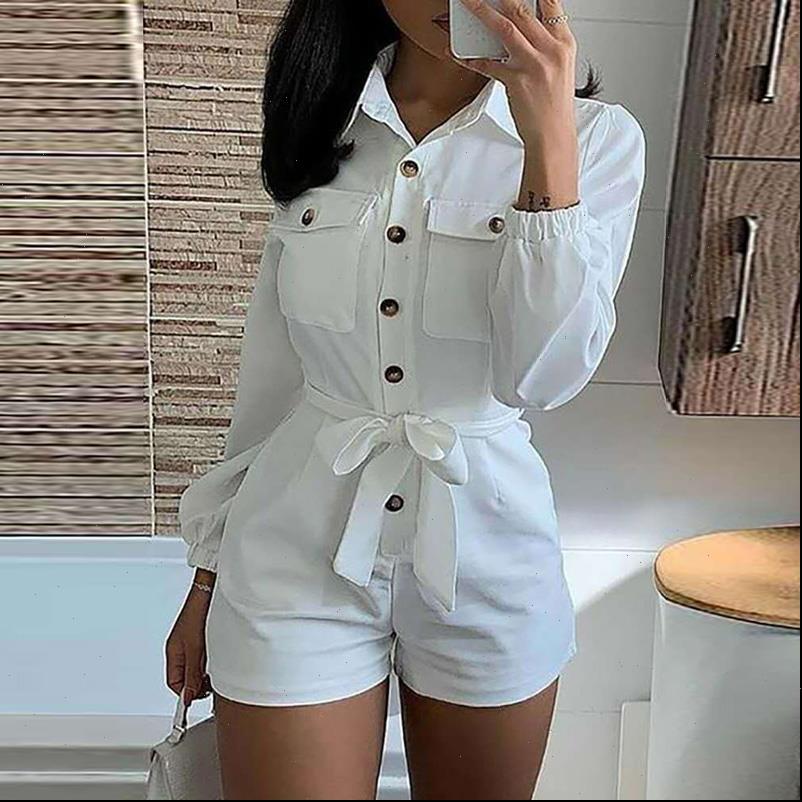 

long sleeve button down womens jumpsuits turn collar bodysuit sashes slim elegant summer workwear, Black;white