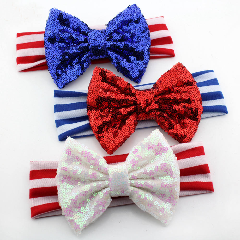 

American USA headband for Girls Red White and Blue striped Patriotic Flag Festival HairBow With Elastic Band Hair Accessories