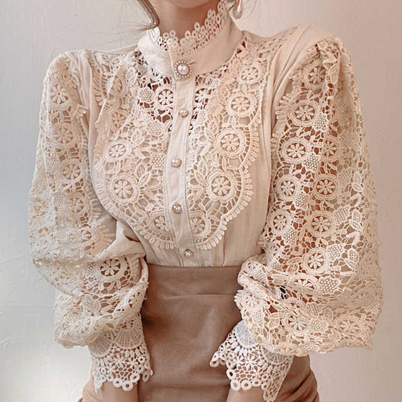 

Blouses Femme Flower Hollow Out Lace Blouse Shirt Blouse Women Blusas Mujer De Moda Stand Collar Tops Women Clothing D722 210602, Black