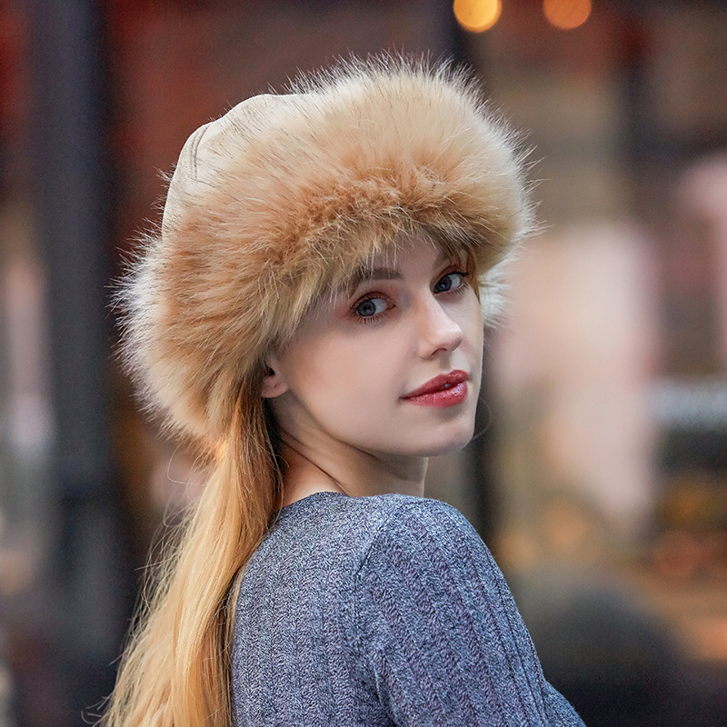 

New Thick Warm Russian Hat Ladies Suede Bomber Hat Windproof Women Fur Hat Female Mongolia Cap Women Fox Fur Skullies Beanies, Khaki