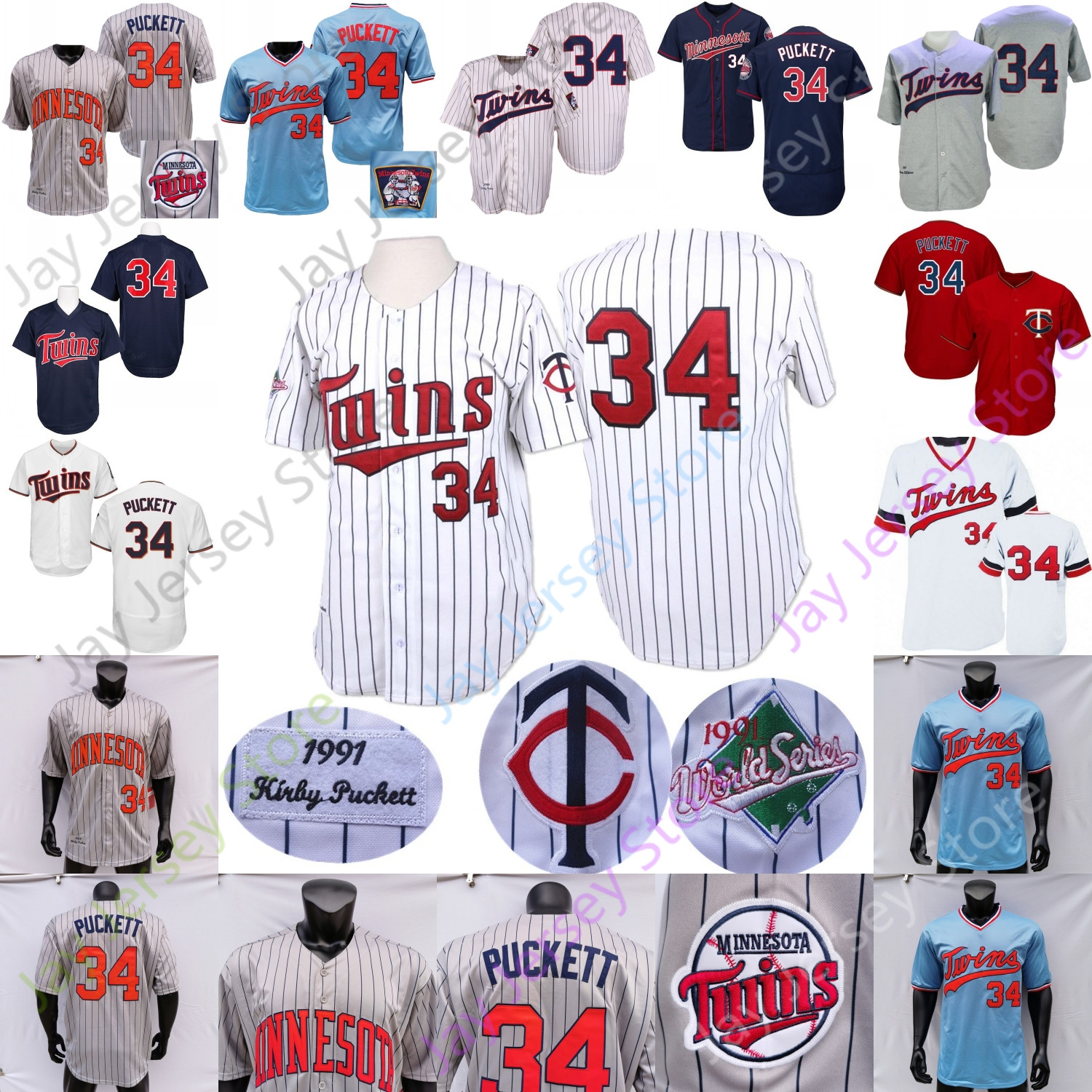 

Kirby Puckett Jersey Hall Of Fame Patch 1991 WS Pinstripe White Grey Coopers-town White Red Player Fans Blue Pullover Navy Mesh BP Salute to Service
