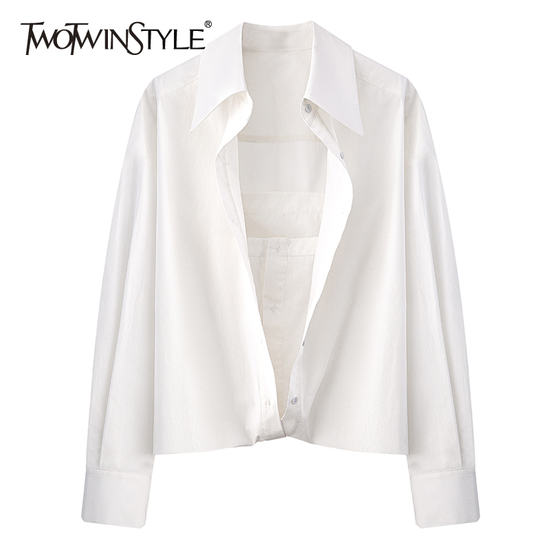 

White Casual Straight Shirts For Women Lapel Long Sleeve Minimalist Blouses Female Spring Fashion Clothing 210524