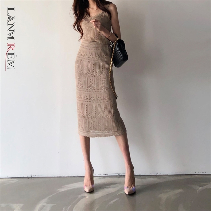 

Slim White Khaki Knitted Crochet Hollow Sling Sexy Dress V-neck Sleeveless Female Summer Streetwear 2D1260 210526