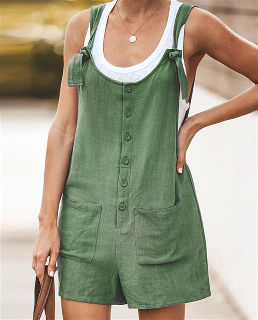 

fashion cotton linen button women jumpsuits summer solid casual loose pocket playsuits short trousers overalls, Black;white