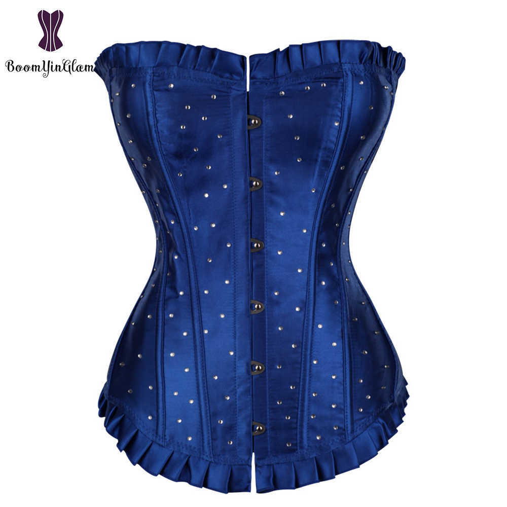 

Women's Up Boned Overbust Bustier Bodyshaper Top Waisrt Training Plus Size White Dot Lace Trim Shaper Corset, 848 blue