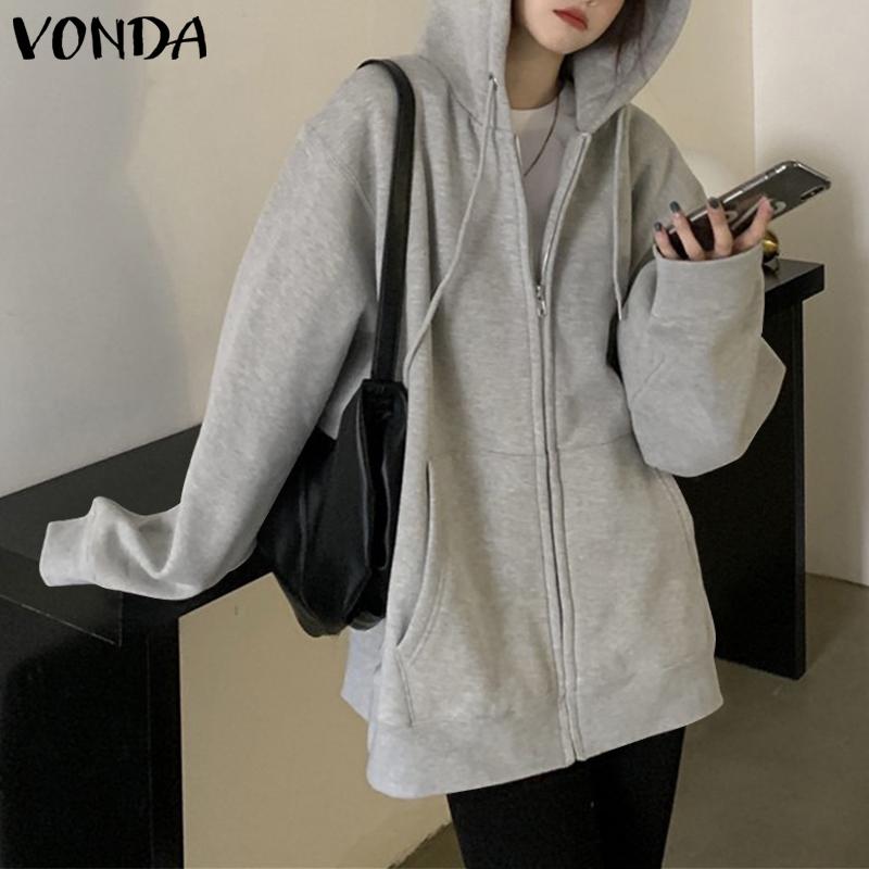 

Women's Hoodies & Sweatshirts Women Long Sleeve 2021 VONDA Female Casual Zip-up Coats Jackets Outerwear Oversized, Black