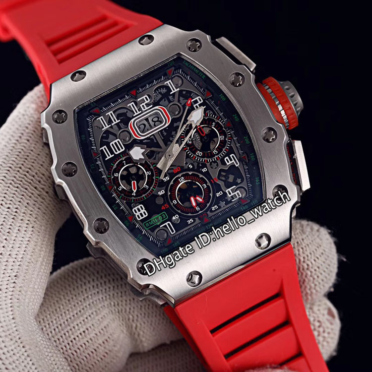 

43mm RM011 Watches RM11-03RG Big Date Steel Case RM11-03 Skeleton Black Dial Miyota Automatic Mens Watch Red Rubber Hello_Watch, Slivery;brown