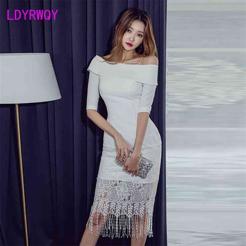 

LDYRWQY fashion temperament one-line collar off-shoulder lace stitching tassel hip wrap dress Office Lady 210603, White