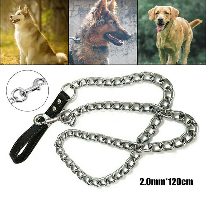 

Dog Collars & Leashes Heavy Duty Metal Chain Lead With Leather Handle Long Strong Control Leash Outdoor Pet Traction Rope Anti Bite