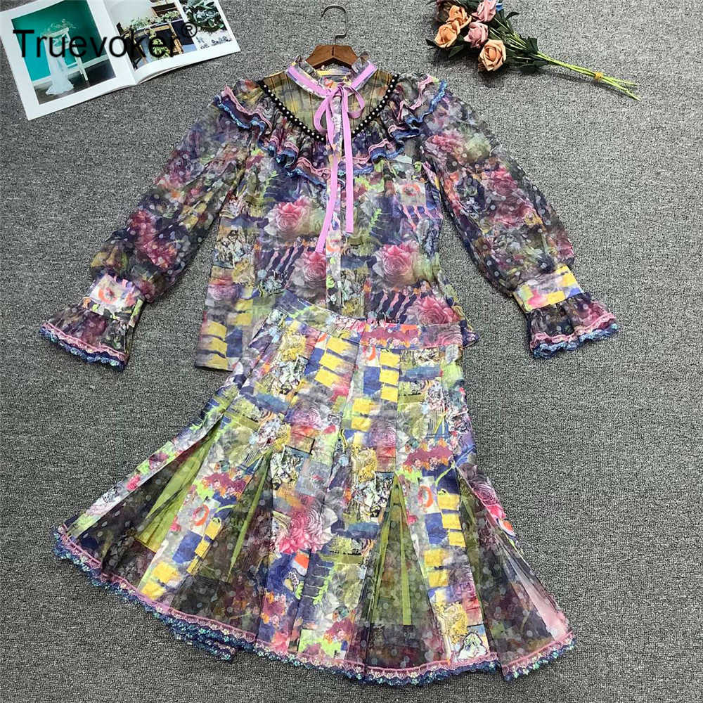 

Truevoker Women' High Street Muliticolor Print Ruffle Patchwork Tops With Pleated Skirt Two Pieces Sets Suits 210602, White