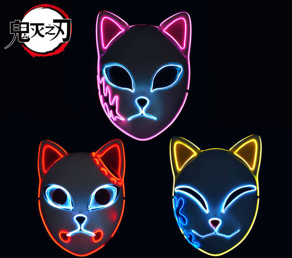

NEW Anime Demon Slayer Tanjirou Sabito Makomo Plastic LED Light Cosplay Mask Headwear Hannya Tengu Masks Halloween Party Mask X0803