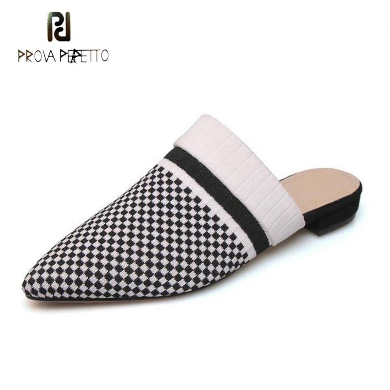 

Slippers Prova Perfetto Mixed Color Plaid Knitting Slipper Women Outdoor Wear Pointed Toe Flats Causal Lazy Mule Shoes, Black