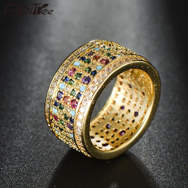 

Cluster Rings Pipitree Gold Color Full Multi CZ Zircon Stone For Women Wide Female Wedding Band Engagement Party Fashion Jewelry