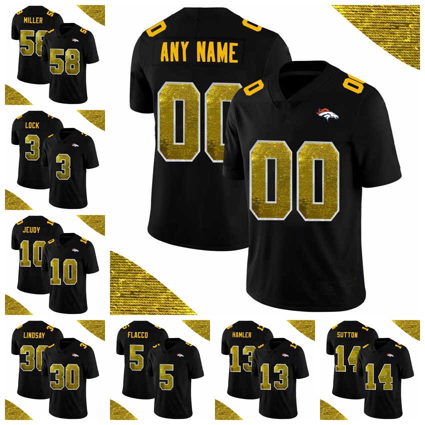 

DenverBroncosMEN #58 Von Miller 3 Drew Lock Black 10 Jerry Jeudy 13 KJ Hamler Golden Sequin Vapor Limited Custom Jersey
