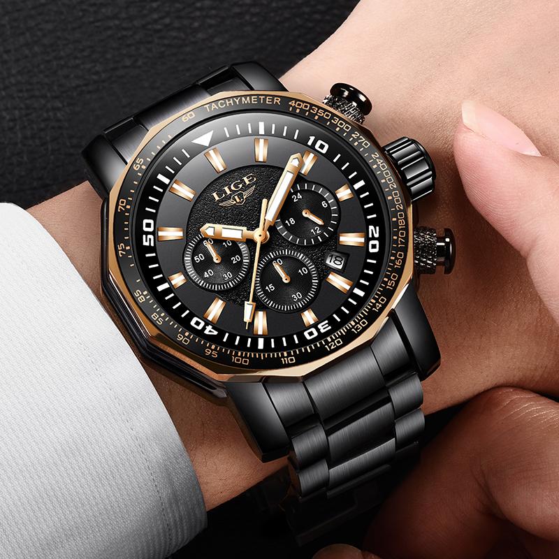 

Wristwatches LIGE Fashion Mens Watches Top Sports Quartz All Steel Male Clock Military Waterproof Chronograph Relogio Masculino, Gold black
