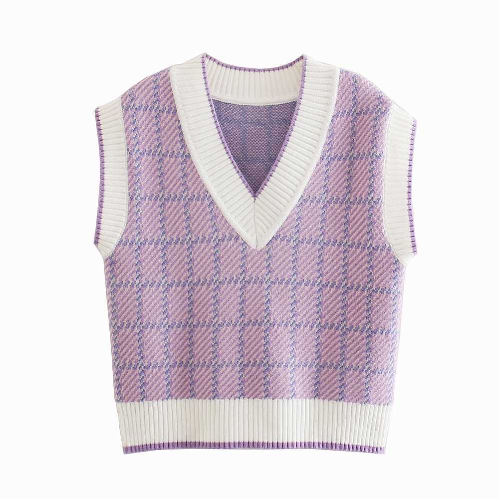 

Women Spring Tank Top Fashion V-Neck Sleeveless Modern Lady Casual Plaid Sweater Vest 210602, Violet