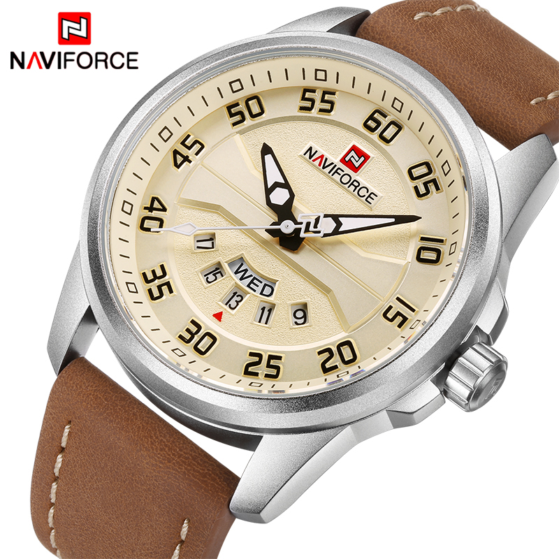 

NAVIFORCE Brand Men Sports Watches Mens Quartz Date Clock Man Leather Strap Military Waterproof Wrist watch relogio masculinog, Silver yellow