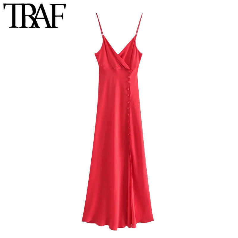 

TRAF Women Chic Fashion With Buttons Front Slit Midi Camisole Dress Vintage Backless Thin Straps Female Dresses Mujer 210608, As picture