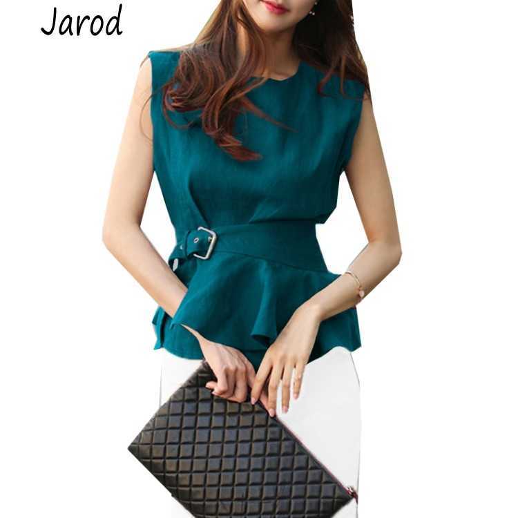 

High Quality Women Fashion Shirts O-neck Sleeveless Belted Peplum Blouse Elegant Chic Summer Tank Top Femme Chemise 210526, Picture color