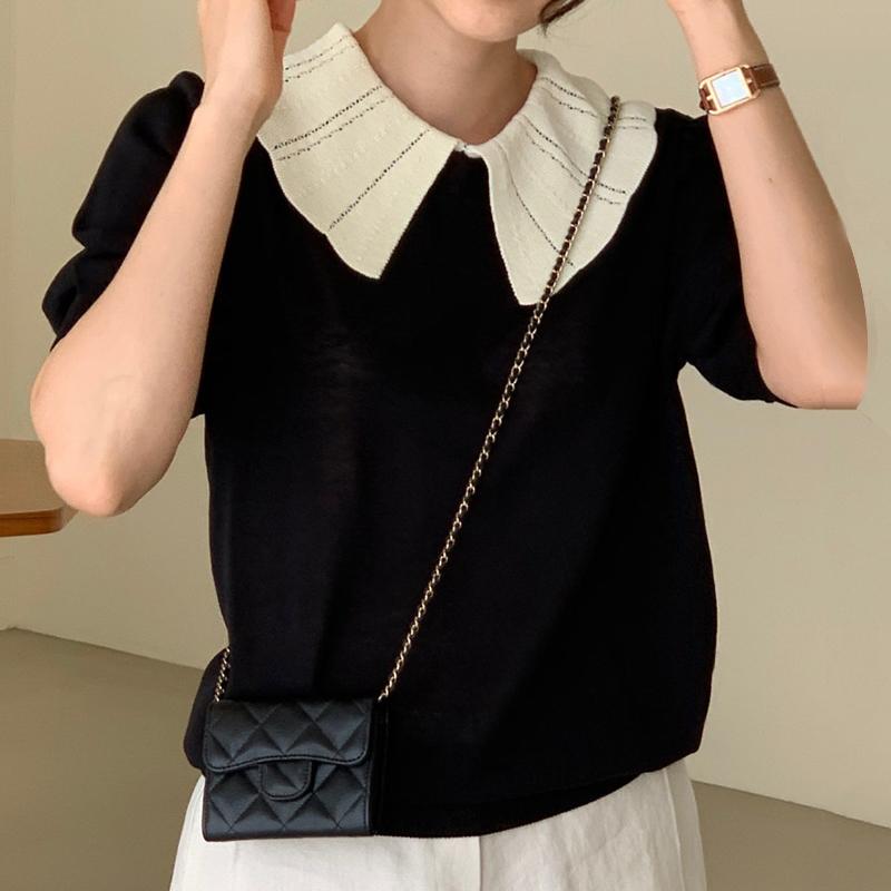 

Women's Sweaters Japan Style Summer Hit Stitching Loose Retro Casual Thin Lapel Puff Short Sleeve Sweater Women Doll Knit Tops Jumpers Pull, White;black