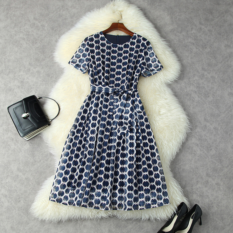 

2021 Summer Short Sleeve Round Neck Blue Retro Polka Dot Plaid Tulle Cotton Belted Mid-Calf Dress Elegant Casual Dresses 21Q0712435