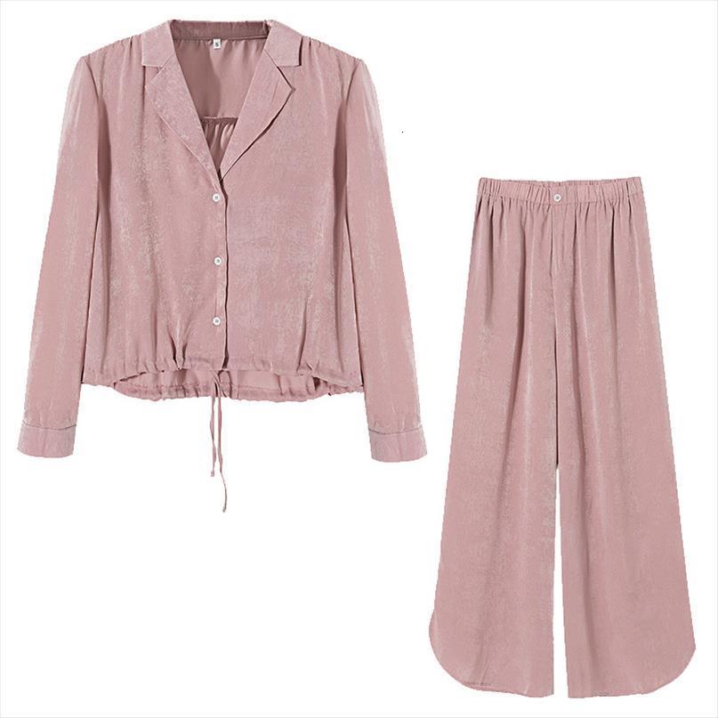 

2 pieces solid set womenpant long sleeve shirt notched neck blouse trousers suit female fashion casual clothes, White