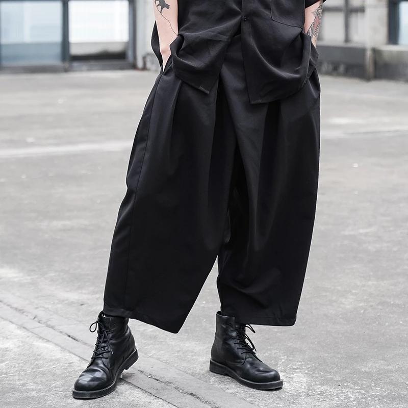 

Men' Pants Fashion Casual Original Large Design Wide Leg Dark Japanese Loose Pleated Straight Cropped, Black