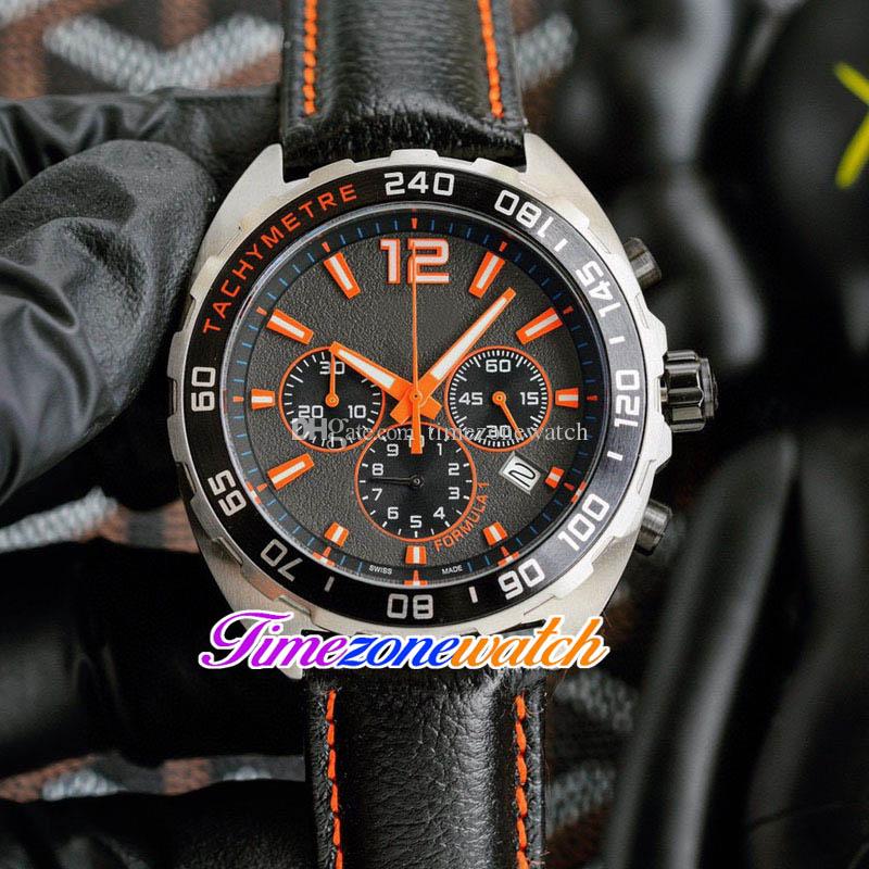 

41mm F1 Black Dial Japan VK Quartz Chronogrpah Mens Watch Steel Case Orange Stick Markers Leather Strap Gents Watches THTG Timezonewatch High Quality G35A (1), Waterproof service