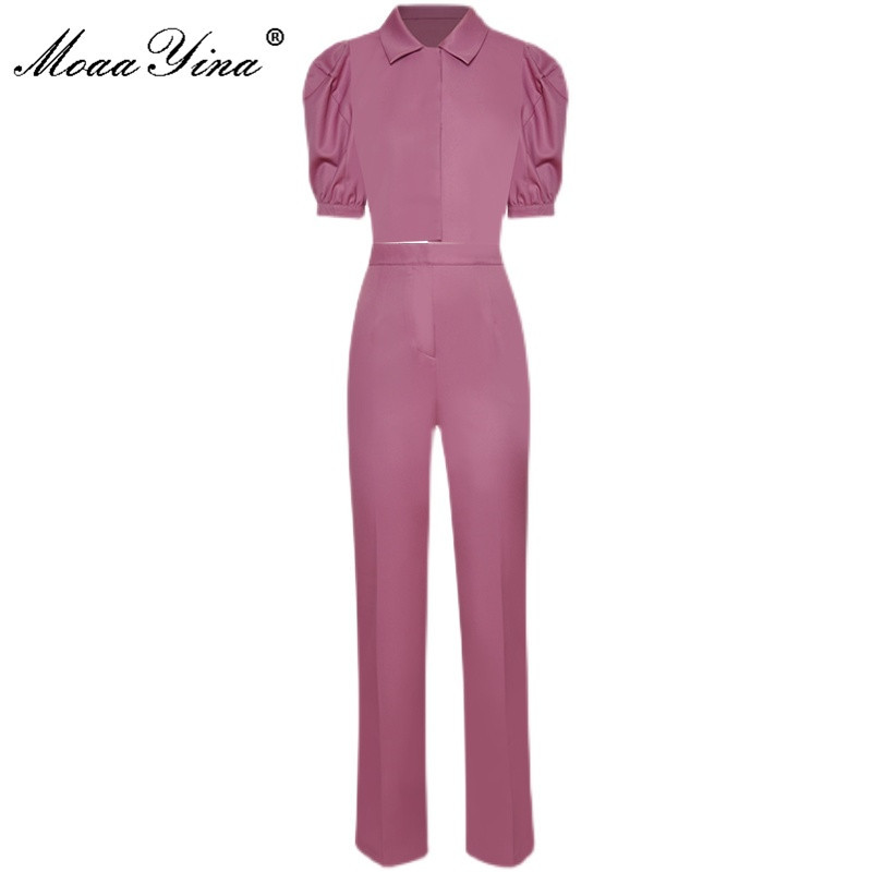 

Summer Runway Fashion Solid Pant Sets Women's Short Sleeve Tops and Two Piece Slim Pants Suits 210524, Rose red