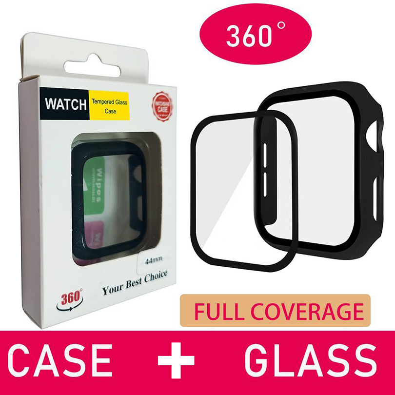 

Full Protection iWatch Case with GLASS Screen Protector for for Apple iwatch Series 7/6/5/4/3/2/1 Full Coverage 38 40 42 44mm 41mm 45mm Watch Glass Cover PC Hard Bumper, No package