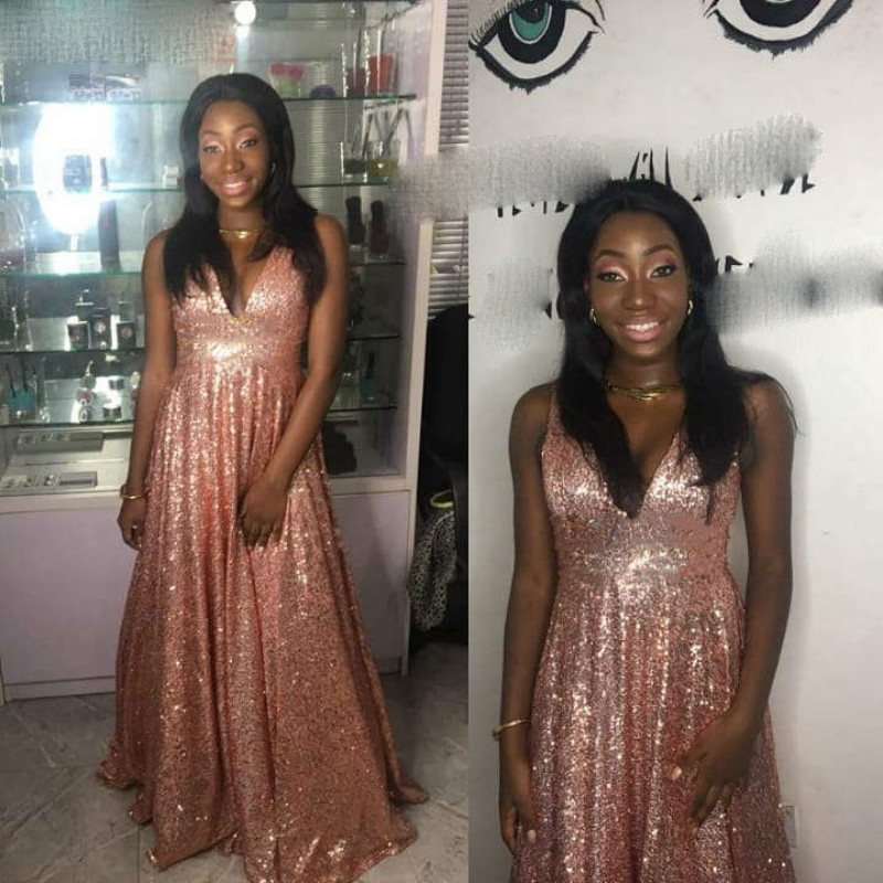 

Gold Long Evening Dresses A Line V Neck Zipper Back Sleeveless Pleats Handmade Floor Length Sequined Prom Gowns, Chocolate