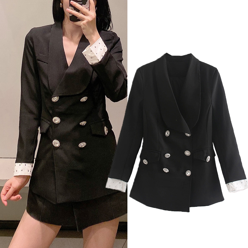 

Women's Down & Parkas women European style black Cuff rhinestones Slim jacket ladies long sleeve breasted suits casual stylish coa