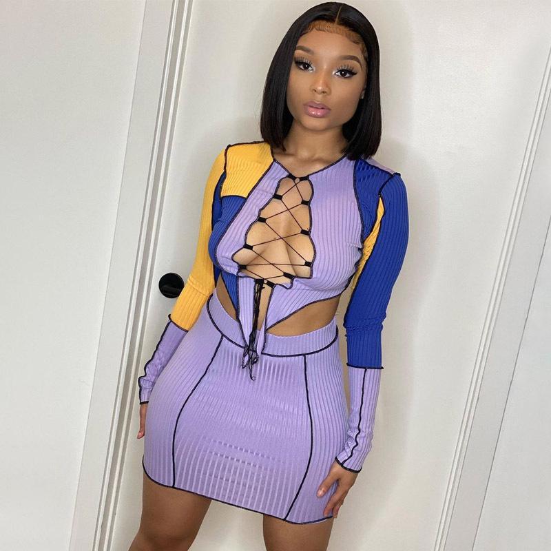 

Tracksuits Patchwork Stripe Women 2 Piece Set Long Sleeve Hollow Out T Shirt Cross Lace Up Bandage Mini Skirt Streetwear Club Size, Purple