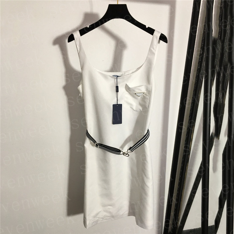 

Triangle Badge Womens Vest Dresses With Belt Fashion Sleeveless White Skirts Ladies Vacation Casual Dress Clothing