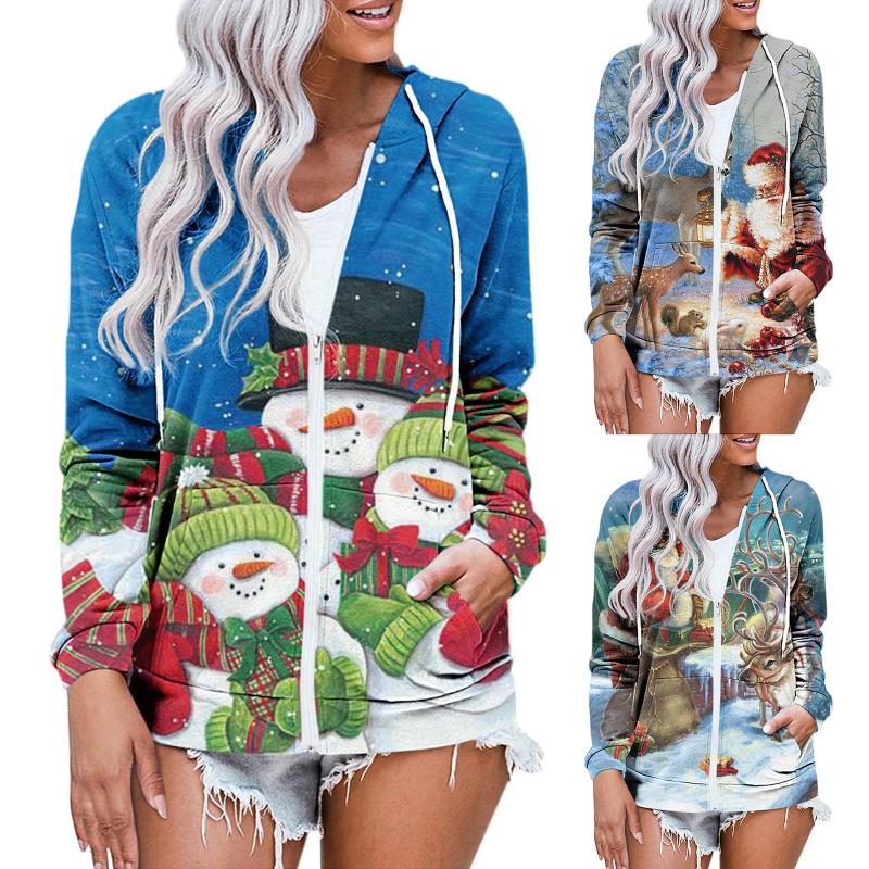 

Women's Jackets Women Zip Up Hooded Sweatshirts 2021 Vintage Pockets Oversized Jacket Coat Autumn Chrismas Print Long Sleeve Hoodie #T2G, Black;brown