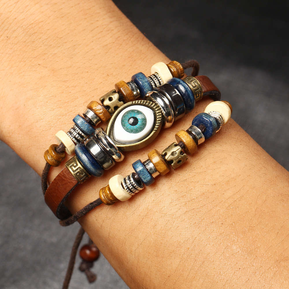 

Hand catenary Best selling exaggerated national style eye eyeball multi layer adjustable Beaded Hand Woven Leather Bracelet, Golden;silver