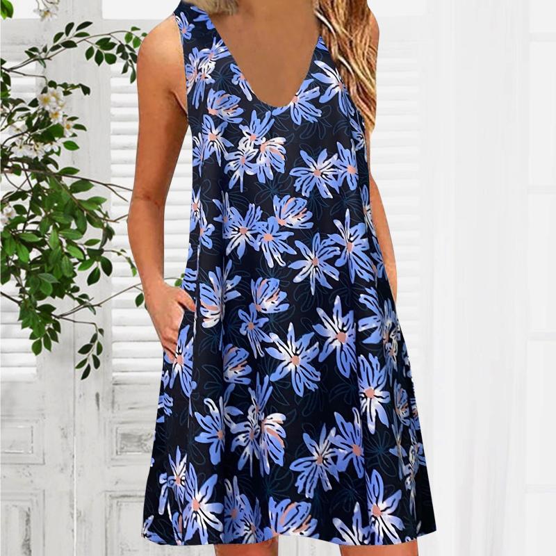 

Casual Dresses 2021 Women' Dress Summer Boho Sundress Fashion Floral Print Vestidos A-Line Medium Length Sleeveless Vest, As pic